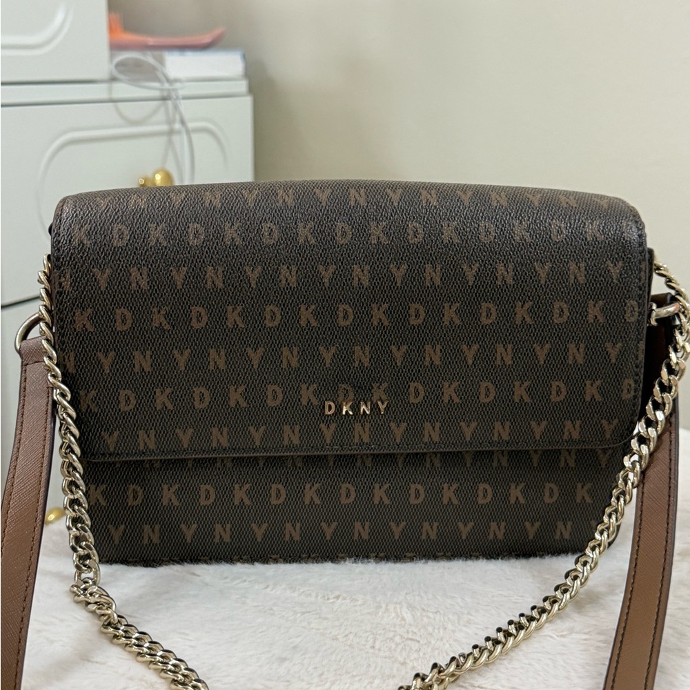 DKNY Monogrammed Dark Brown Crossbody Bag